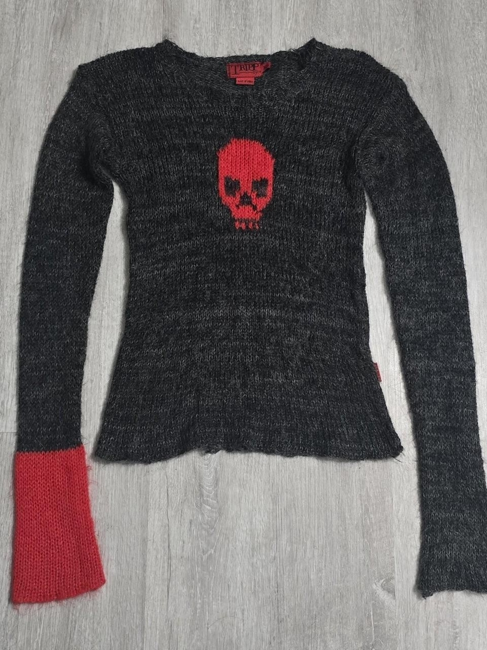 Vintage Y2K Tripp NYC Skull Grey/Red Mohair Knit Sweater RARE Size XS